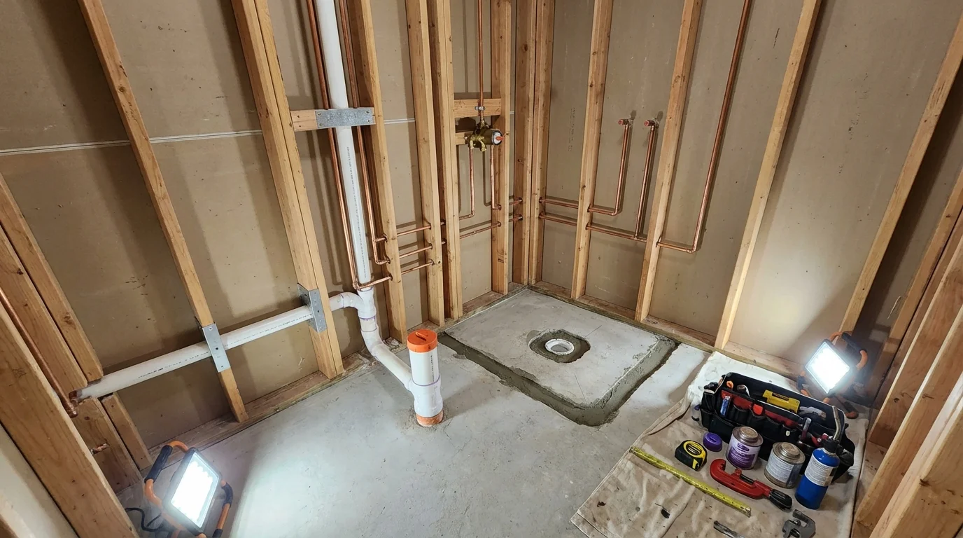 Bathroom rough-in plumbing during remodel by Johns Plumbing LLC in East Stroudsburg