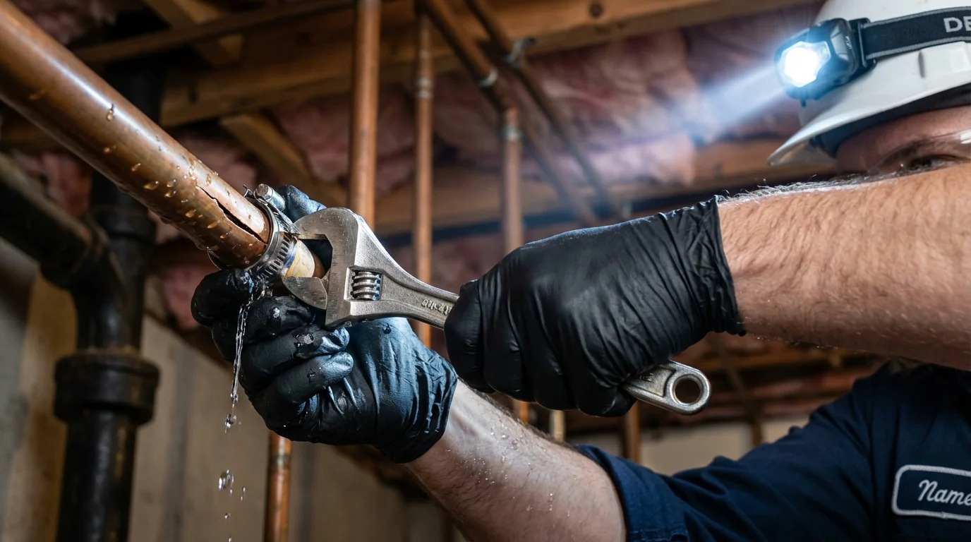 Emergency pipe clamp repair being performed by a Johns Plumbing LLC plumber in East Stroudsburg