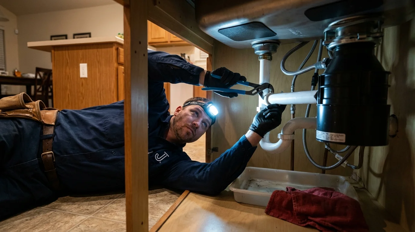 P-trap and supply line connections under a kitchen sink showing a common leak point in East Stroudsburg, PA